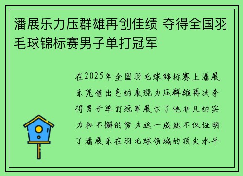 潘展乐力压群雄再创佳绩 夺得全国羽毛球锦标赛男子单打冠军