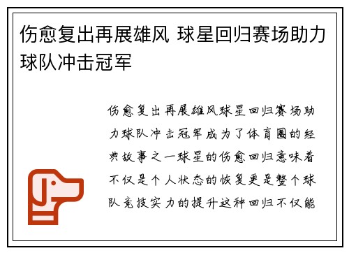 伤愈复出再展雄风 球星回归赛场助力球队冲击冠军