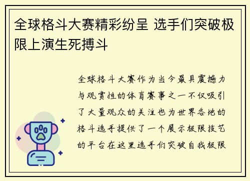 全球格斗大赛精彩纷呈 选手们突破极限上演生死搏斗