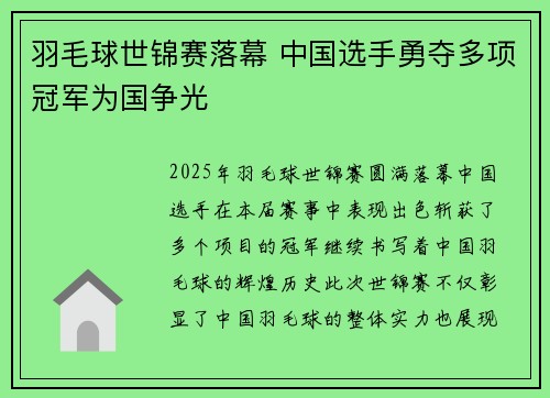 羽毛球世锦赛落幕 中国选手勇夺多项冠军为国争光