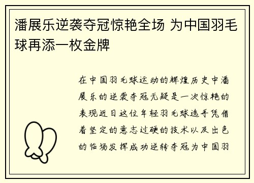 潘展乐逆袭夺冠惊艳全场 为中国羽毛球再添一枚金牌