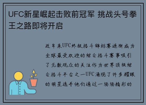 UFC新星崛起击败前冠军 挑战头号拳王之路即将开启