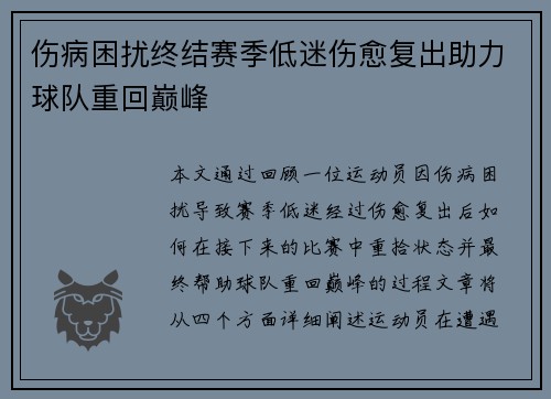 伤病困扰终结赛季低迷伤愈复出助力球队重回巅峰