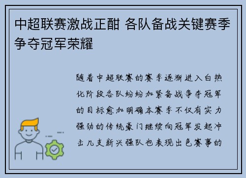 中超联赛激战正酣 各队备战关键赛季争夺冠军荣耀