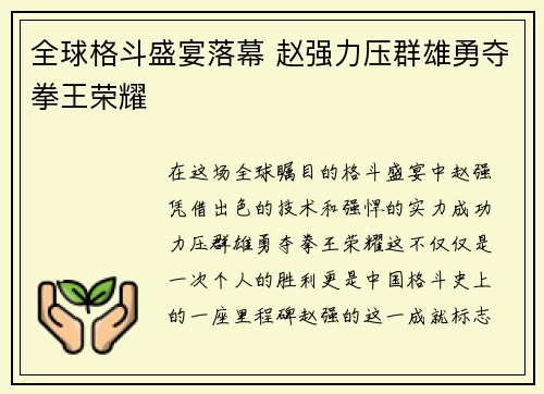 全球格斗盛宴落幕 赵强力压群雄勇夺拳王荣耀