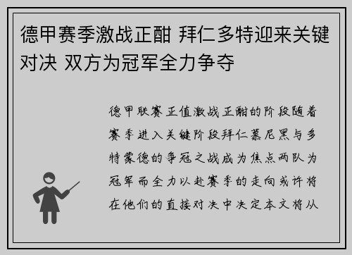 德甲赛季激战正酣 拜仁多特迎来关键对决 双方为冠军全力争夺